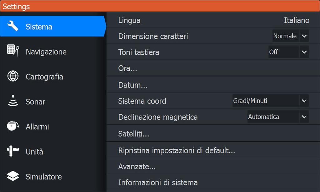 Impostazioni di sistema Le impostazioni di sistema forniscono l'accesso agli elementi indicati di seguito.