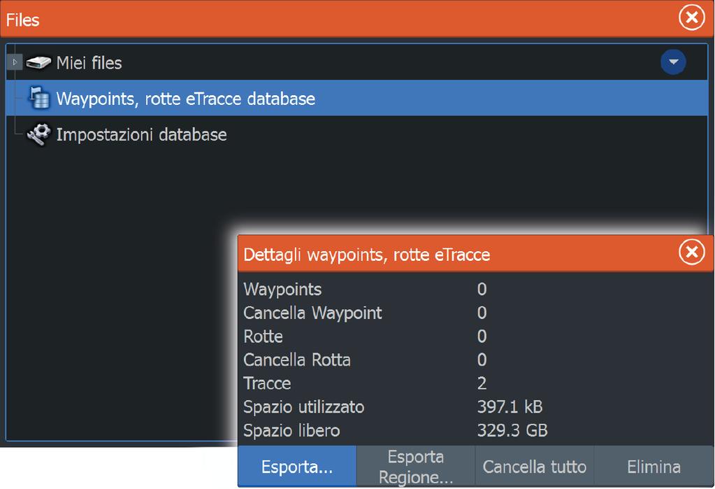 Utilizzare l'opzione di esportazione se si desidera eseguire i backup di tutti i waypoint, delle rotte e delle tracce sul sistema.