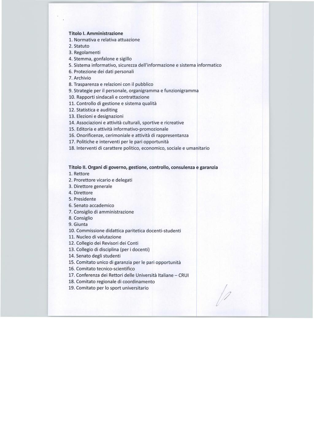 Titolo lo Amministrazione 1. Normativa e relativa attuazione 2. Statuto 3. Regolamenti 4. Stemma, gonfalone e sigillo 5. Sistema informativo, sicurezza dell'informazione e sistema informatico 6.