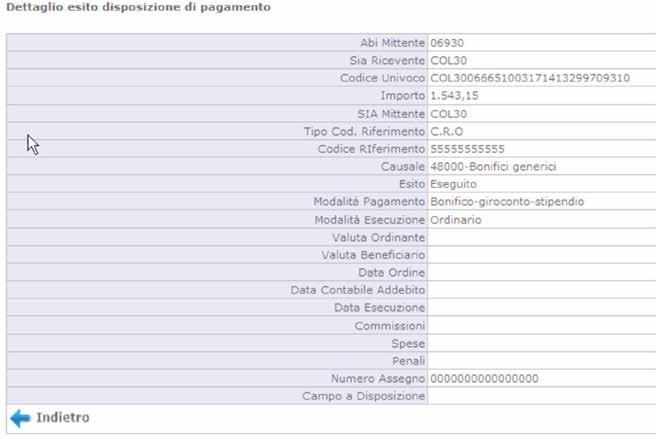 Premere sull icona per visualizzare il dettaglio dell esito come nell esempio di seguito