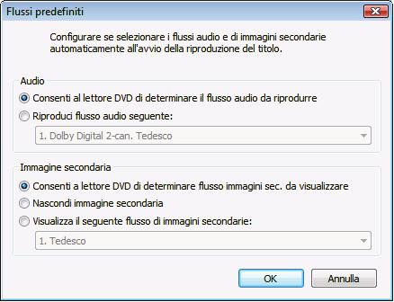 Ricodifica del film principale in DVD Finestra Flussi predefiniti Nell'area Audio sono disponibili i seguenti pulsanti di opzione: Consenti al lettore DVD di determinare il flusso audio da riprodurre