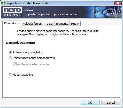 Ricodifica di un DVD in Nero Digital Finestra Impostazioni video Nero Digital Scheda Deinterlaccio 46 Scheda Frequenza fotogrammi 47 Scheda Ritaglio 48 Scheda Ridimensiona 48 Scheda Plug-in 49