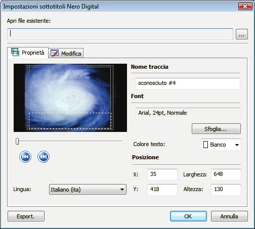 Ricodifica di un DVD in Nero Digital Finestra Impostazioni sottotitoli Nero Digital Sono disponibili le seguenti opzioni di impostazione: Apri file esistente Esporta Consente di aprire una finestra.