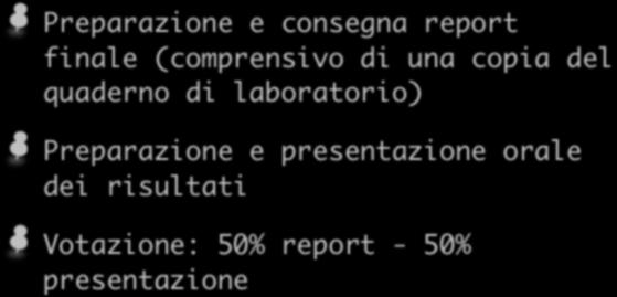 Modalità d esame e votazione Preparazione e consegna report finale (comprensivo di una copia del quaderno