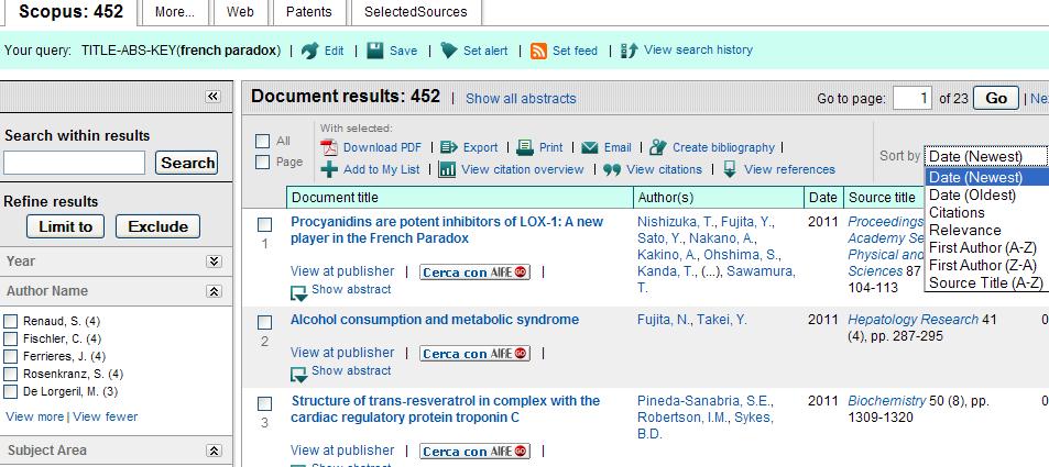 SCOPUS: RISULTATI si possono ordinare i risultati per data