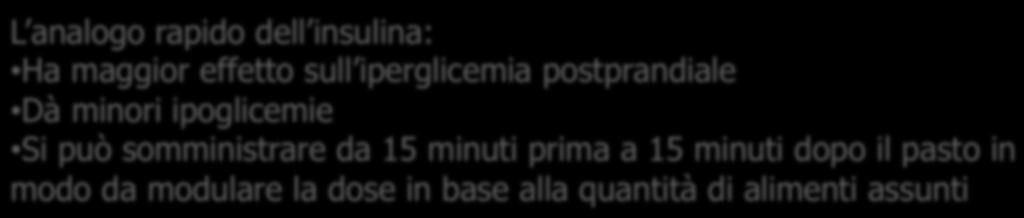 dose dei boli in base all aumento dell apporto alimentare per os e dei valori delle glicemie L analogo rapido dell insulina: Ha maggior effetto sull iperglicemia