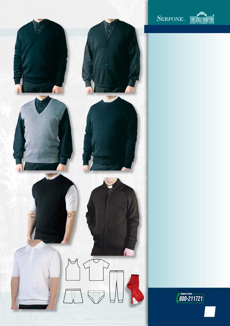 Abbigliamento sacerdote q - Pullover, maglia unita, scollo a V. Colori: nero; blu; grigio. 50% merinos 50% acrilico. Cod. 10003... 42,00 w - Gilet aperto, con tasche.