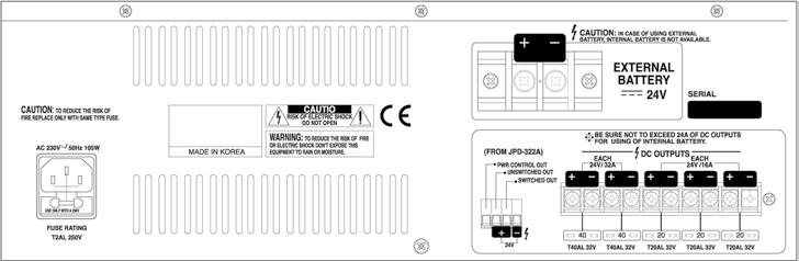 SUONO Alimentazioni 75 PD-3322 Distributore di alimentazioni Uscita DC Uscita AC 2 x 24 V - 1,5A max Switched 9x7kW totali max Unswitched 1x360W max