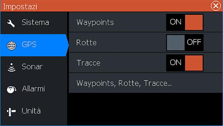 Impostazioni del plotter GPS Waypoints, Rotte e Tracce Waypoint: specifica se i waypoint vengono (ON) o non vengono (OFF) visualizzati sull'immagine GPS.
