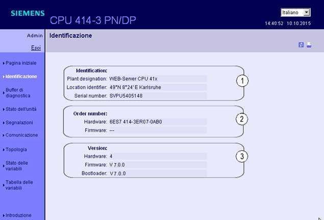 Comunicazione 4.7 Web server 4.7.5.2 Identificazione Dati di riconoscimento della CPU I dati di riconoscimento della CPU sono disponibili sulla pagina Web "Identificazione".