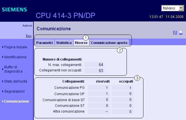 Comunicazione 4.7 Web server Scheda "Risorse" La scheda 1 "Risorse" fornisce informazioni sul consumo di risorse dei collegamenti.
