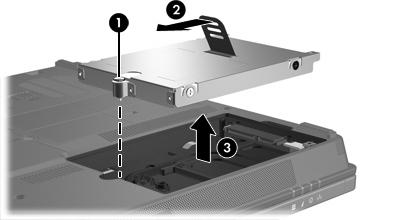 11. Rimuovere l'unità disco rigido (3) dal computer. Per installare un'unità disco rigido, seguire le istruzioni riportate di seguito: 1. Inserire l'unità disco rigido nel relativo alloggiamento (1).