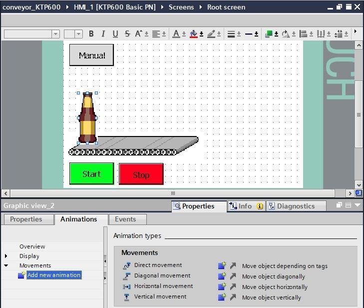 7.12 Progettazione del movimento della bottiglia Evidenziare la bottiglia e selezionare nella scheda "Properties / Animations" (Proprietà/Animazioni), alla voce