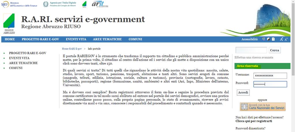 1.2 Accesso tramite url http://www.rari.egov.regione.abruzzo.