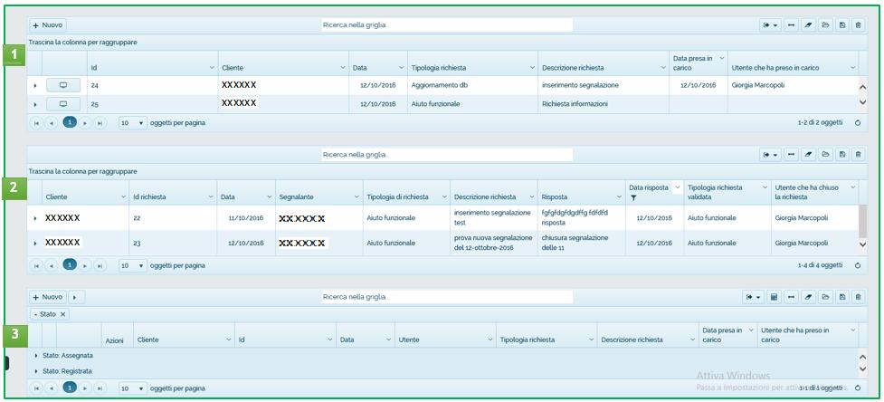 1 2 3 Nella prima griglia sono presenti tutte le segnalazioni inserite dallo user.