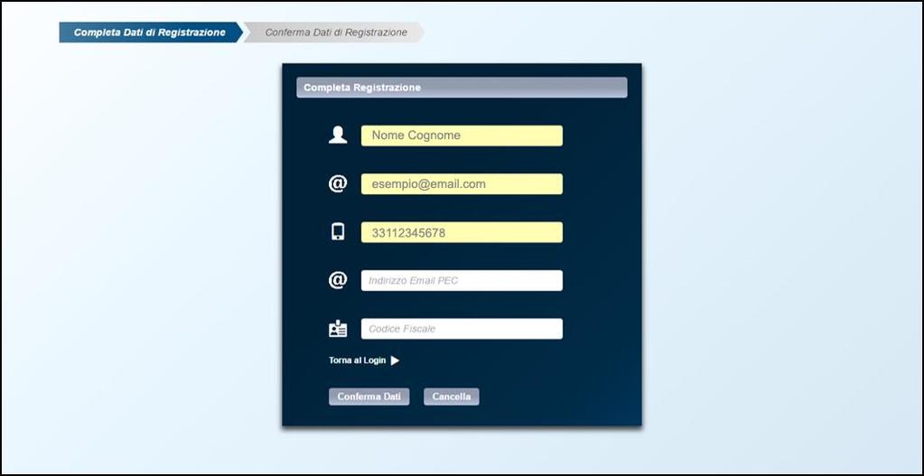 Tutorial Completamento Registrazione 1/5 Una volta generata la password di primo accesso potrà eseguire il Suo primo login al Sistema.