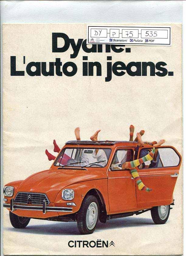 DY p 75 535 Pieghevole 2Dyane l'auto in jeans" Pieghevole 2Dyane l'auto in jeans", colori, 6 facciate, descrizione e foto