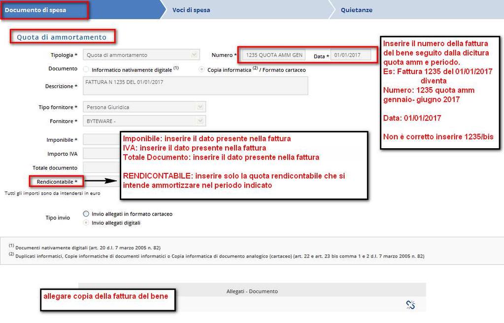 Quota di ammortamento Documentazione da allegare al documento di spesa per