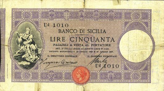 di Sicilia - Fedi di Credito Lira 27/04/1870 