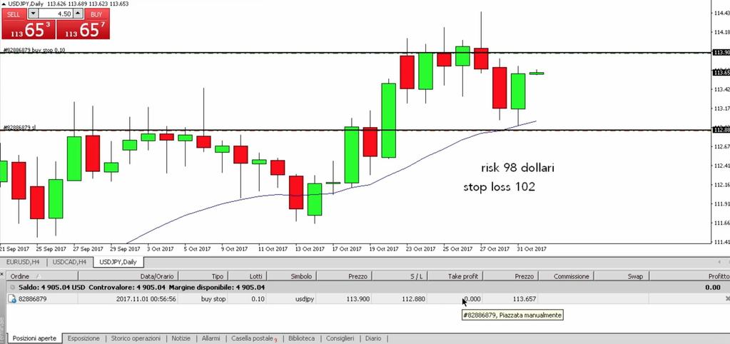 Ma se io piazzo un buy-stop a 113.90, con stop loss, mettiamolo subito a 112.88 la piattaforma accetta di buon grado. Avvicinandomi con il mouse sul punto rosso, posso vedere che ho rischiato 89.