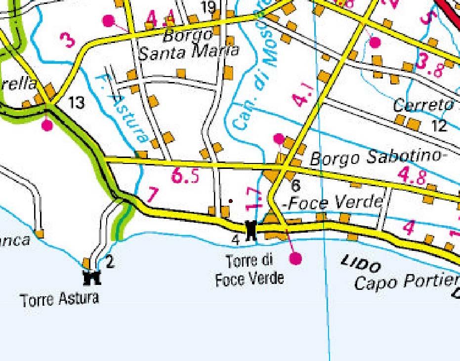 1 Inquadramento territoriale Il sito è ubicato nel territorio comunale di Latina, a circa 1 km dalla zona costiera di Foce Verde e a 1,5 km ad Ovest dalla località di Borgo Sabotino (Fig. 6.1.3-1).