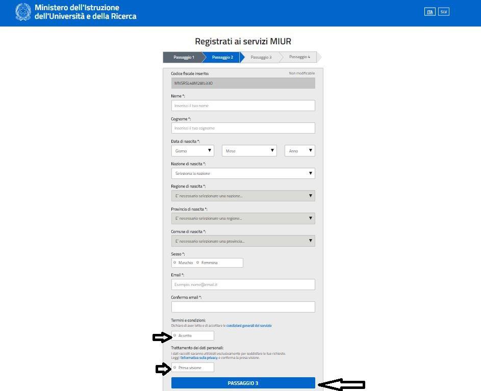 Dopo aver cliccato su PASSAGGIO 3, si aprirà la schermata di seguito riportata per confermare i dati inseriti nel passaggio precedente (l email da