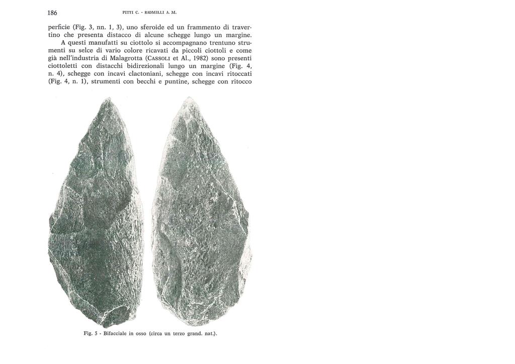 186 PlTn c. - RADl\ULLI A. M. perficie (Fig. 3, nn. 1, 3), uno sferoide ed un frammento di travertino che presenta distacco di alcune schegge lungo un margine.