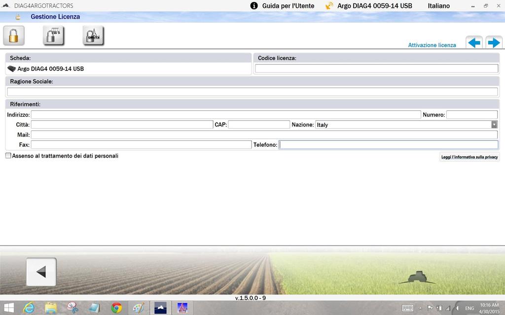 INSTALLAZIONE LICENZA DEUTZ SERDIA (SCENARIO 2) Entrare nella pagina di gestione licenze attraverso l apposito pulsante. Compilare il form con tutti i dati e premere avanti.