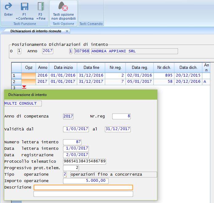 Registrazione delle dichiarazioni d intento ricevute Gestione Anagrafico contabile Clienti e Fornitori Funzione CAAB dal menu Archivi di Base All interno di questa funzione, selezionare la funzione