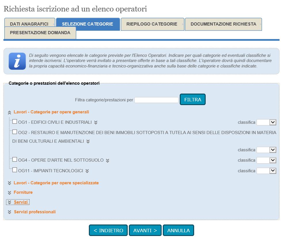 5. Per le categorie che indicano una tipologia di lavori è presente un menù a tendina utile per indicarne anche la relativa classe.