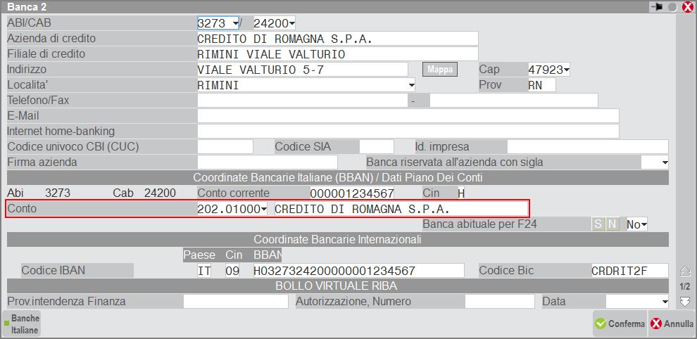 Nel menù Contabilità BANCHE è necessario configurare la banca, comprese le Coordinate Bancarie Italiane e quelle Internazionali.