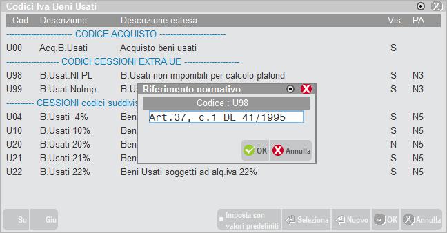 Il pulsante F2 visualizza l elenco dei codici ammessi dalla normativa di riferimento.