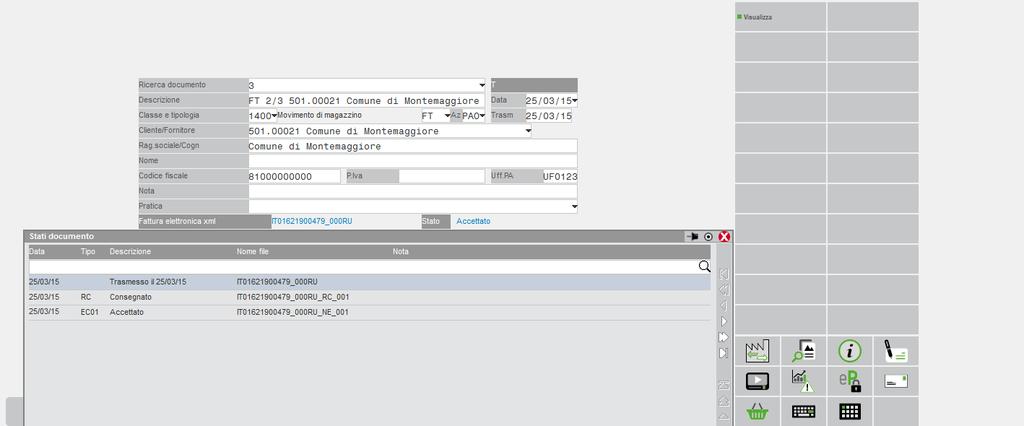 Il pulsante Stati documento [F7] mostra il file xml generato e l elenco di tutte le notifiche associate, mantenendo quindi una sorta di storico del documento.