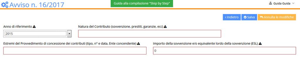 Nella sezione dovranno essere compilati i seguenti campi: Anno di riferimento; Natura del contributo; Estremi del provvedimento di concessione dei