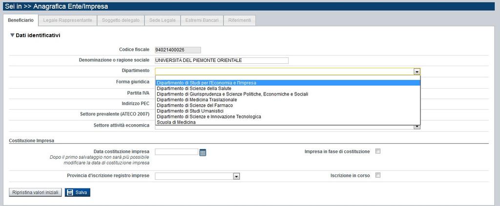 6.3.2. Beneficiario con dipartimento Per alcuni enti la pagina Beneficiario richiede la compilazione del campo Dipartimento. Se visualizzato, il campo è obbligatorio.