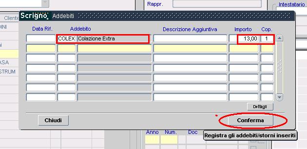 Il Sistema proporra quelli presenti nell archivio addebiti hotel, ricercabili e filtrabili dall operatore per suffisso Descrizione, sempre preceduto e seguito dal simbolo %.