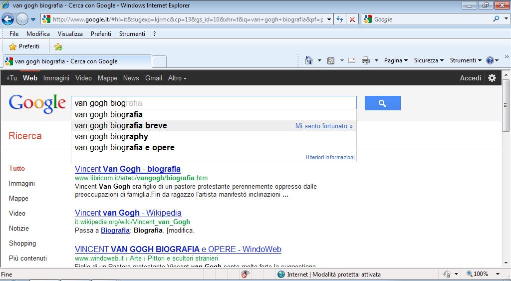 digitare nella barra della ricerca Van Gogh biografia breve e premere