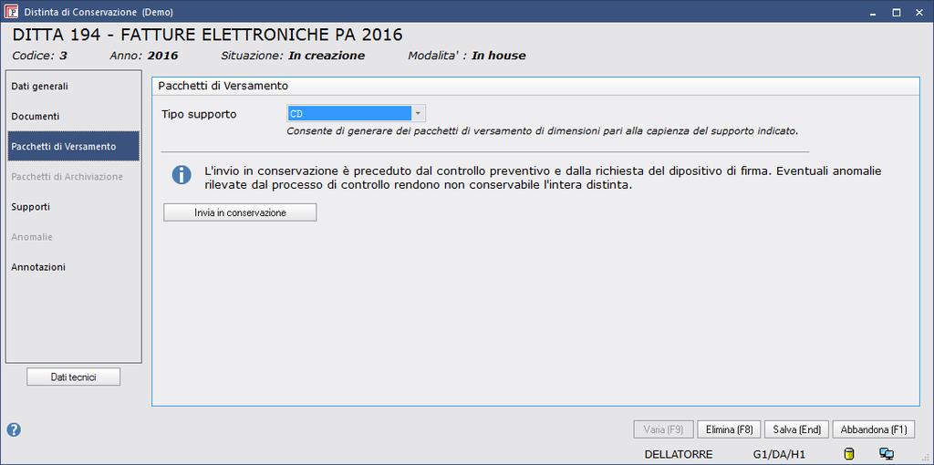 Verificare che siano presenti tutti documenti da conservare. Premere Salva (End) Ora i documenti sono inseriti in distinta.