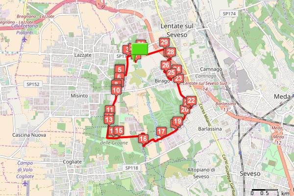 Rif. km parziali km 0.3 7.1 all'incrocio con Via Montegrappa voltiamo a sinistra 0.2 7.3 dopo una breve salita voltiamo sulla destra lungo Via Montegrappa 0.3 7.6 lasciato il centro storico voltiamo a destra lungo pista ciclabile del parco delle groane 0.