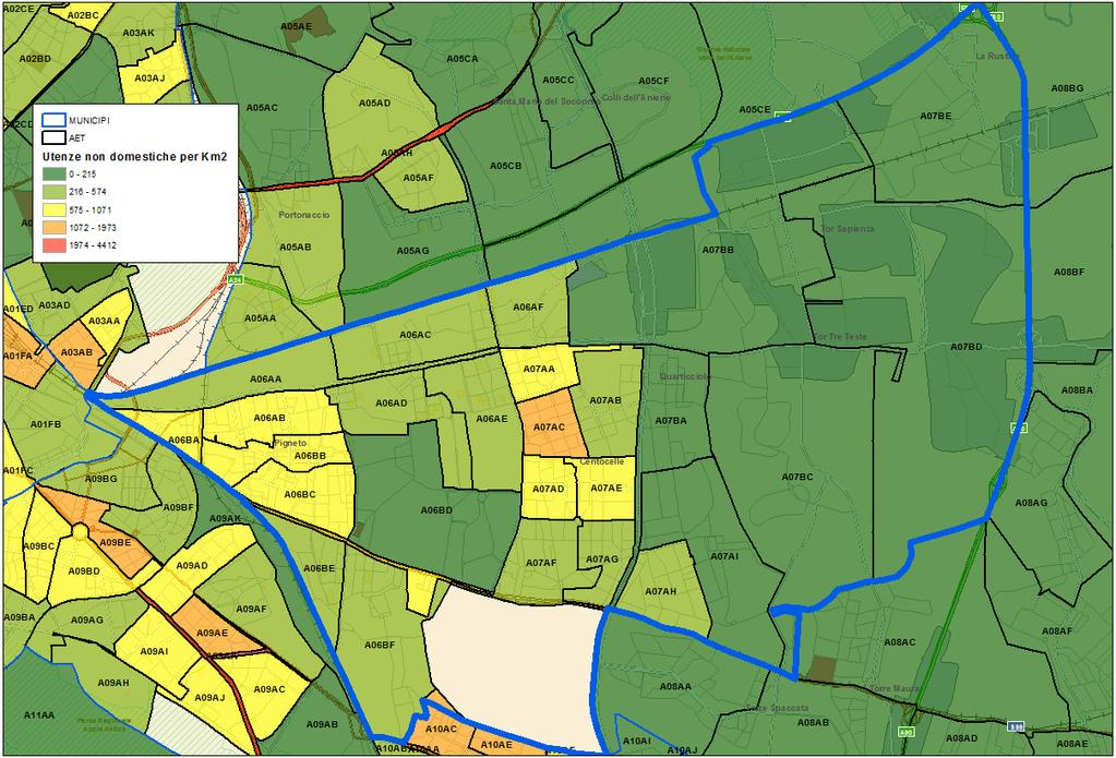 Domanda di Servizio Municipio V Distribuzione della densità delle utenze non domestiche Ta.Ri.