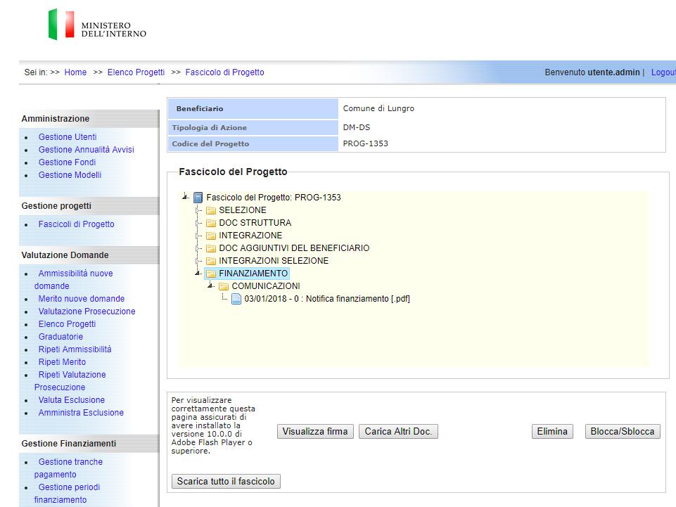 L utente, dopo aver selezionato il progetto di interesse, può selezionare il pulsante Visualizza Fascicolo, al fine di visualizzare tutta la storia del fascicolo e i documenti attinenti il proprio