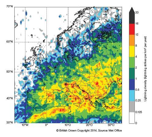 Diverse aree regionali Il grafico riporta le zone europee più colpite dalle scariche atmosferiche che tendono ad aumentare sopratutto durante la stagione estiva.