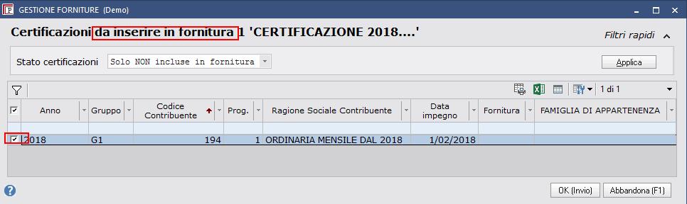 OK (Invio) Ora la Certificazione è inserita in