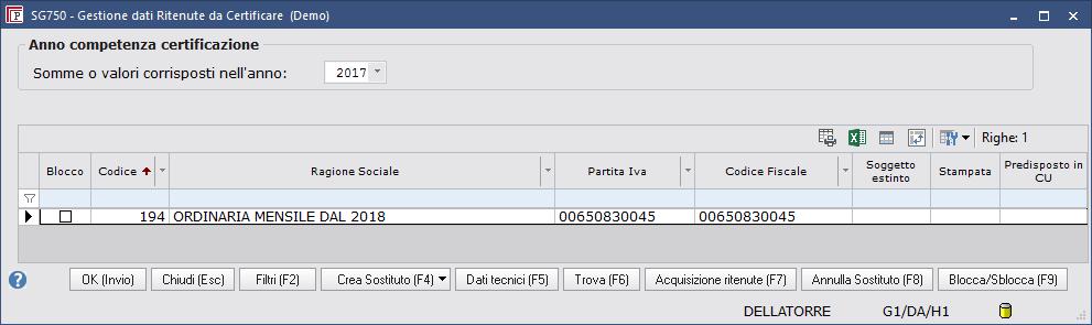 Al termine della derivazione compare l elenco dei sostituti di imposta in cui sono presenti movimenti da certificare: Premere OK (Invio) per accedere alla gestione: La procedura si posiziona nel tab
