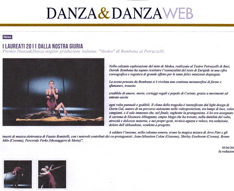 Miglior Produzione Italiana di Balletto per MEDEA Teatro Petruzzelli Bari PREMIO DANZA E