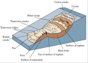 ground displacements are nicchia Head corpo Main di frana Zone cumulo of body frana accumulation scale; ground supposed.