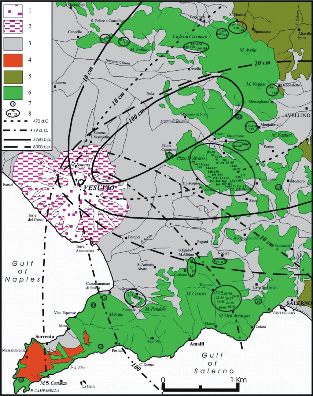 12 Un laboratorio integrato finalizzato allo studio delle colate di fango in terreni piroclastici Fig. 2.1. Carta geologica e distribuzione dei principali depositi da caduta del Somma-Vesuvio (Di