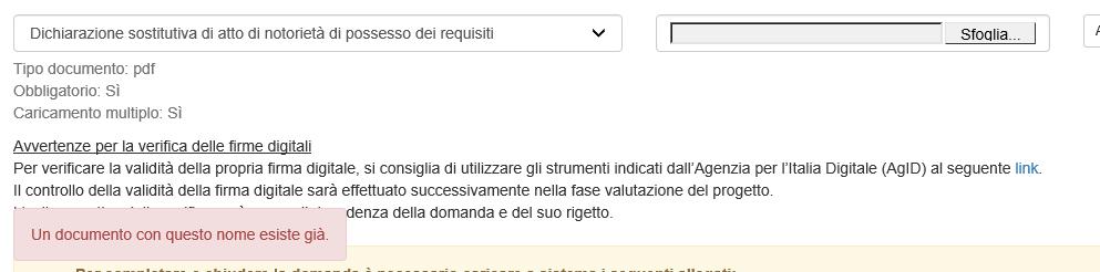 Il sistema avviserà anche se si sta cercando di allegare un documento con lo stesso nome di un documento già caricato