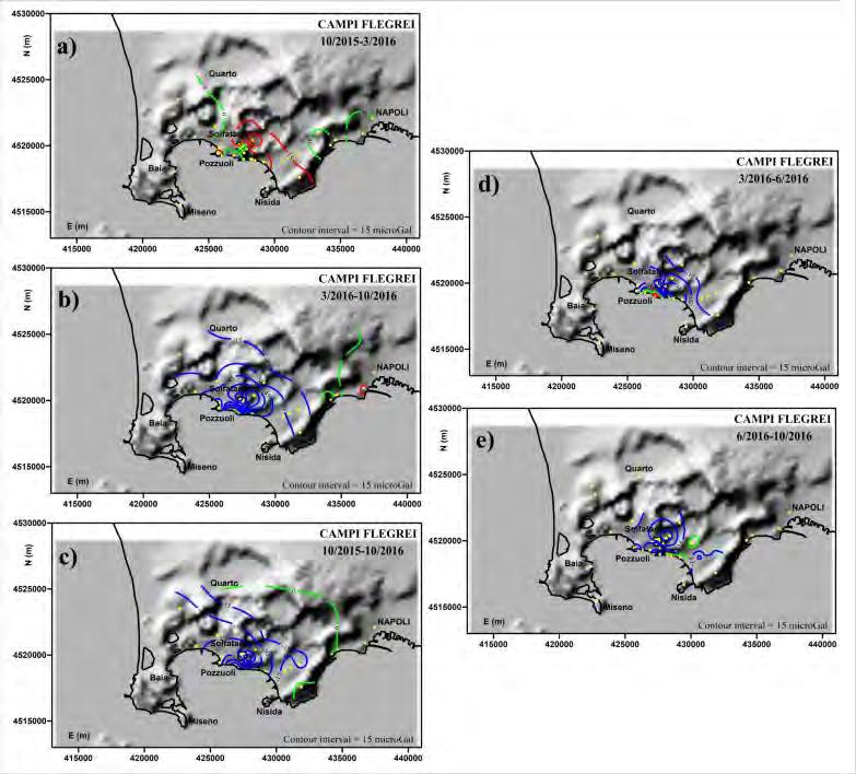 Figura 75 Campi delle variazioni di gravità nell area flegrea rilevati sull intera area (colonna a sinistra) nei diversi periodi.