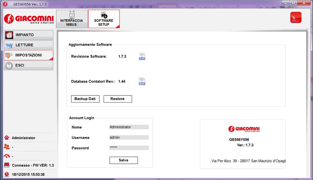 4.2 Toolkit Setup In questa sezione è possibile impostare Figura 12 - Toolkit Setup Aggiornamento GE552Y056 o Revisione GE552Y056: riporta la versione del Toolkit.